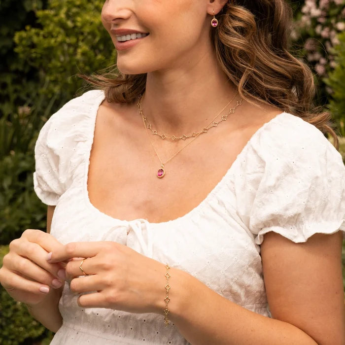 9ct yellow gold quatrefoil station necklace with repeating open motifs
