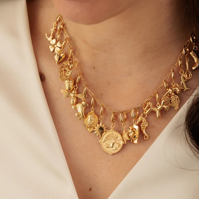 Lily Charmed gold box link charm necklace in 18ct gold-plated sterling silver with charms