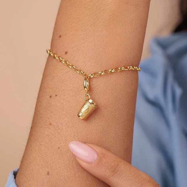 Lily Charmed gold takeaway coffee cup charm in 18ct gold-plated recycled sterling silver on a bracelet