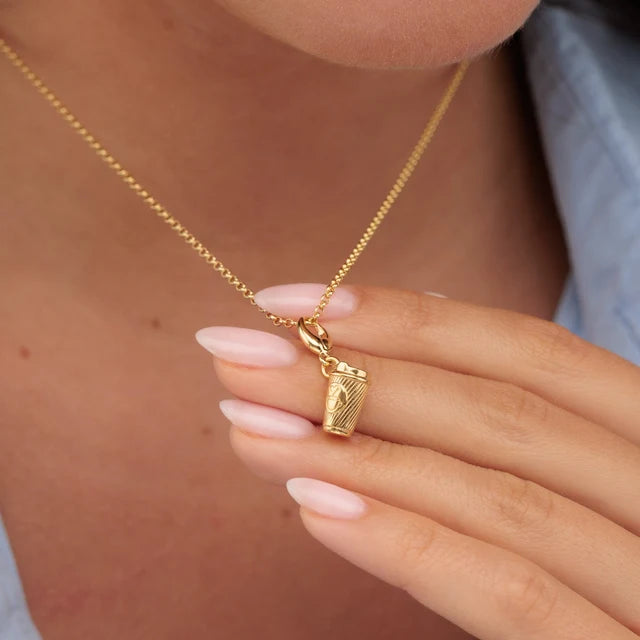 Lily Charmed gold takeaway coffee cup charm in 18ct gold-plated recycled sterling silver on a necklace