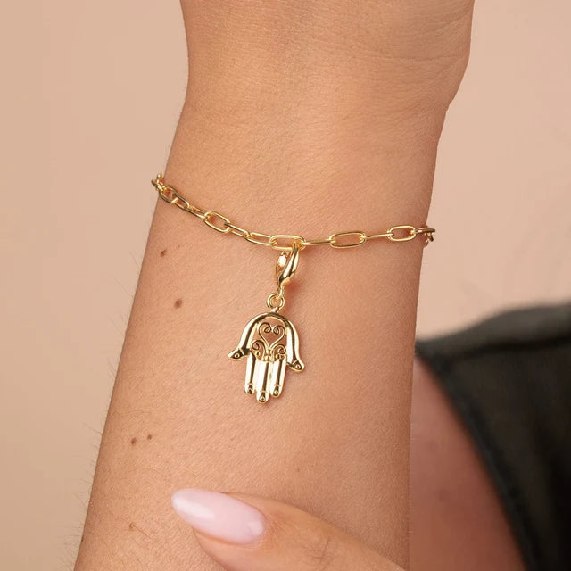 Lily Charmed gold Fatima Hand Hamsa charm in 18ct gold-plated recycled sterling silver on a bracelet