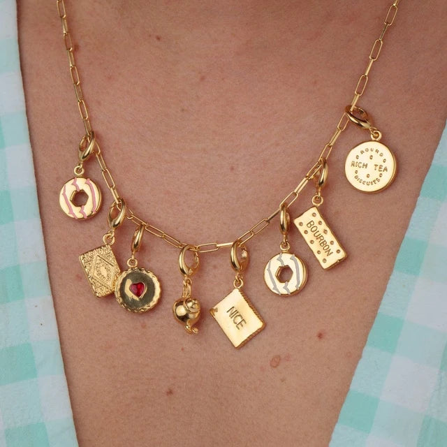 Lily Charmed gold box link charm necklace in 18ct gold-plated sterling silver with charms