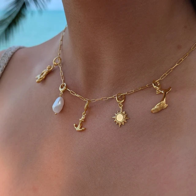 Lily Charmed gold box link charm necklace in 18ct gold-plated sterling silver with charms