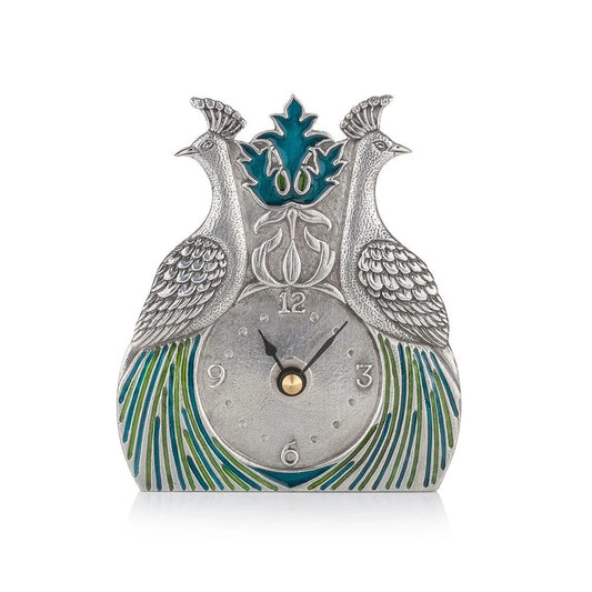 William Morris Peacock Pewter Clock with Enamel Detail
