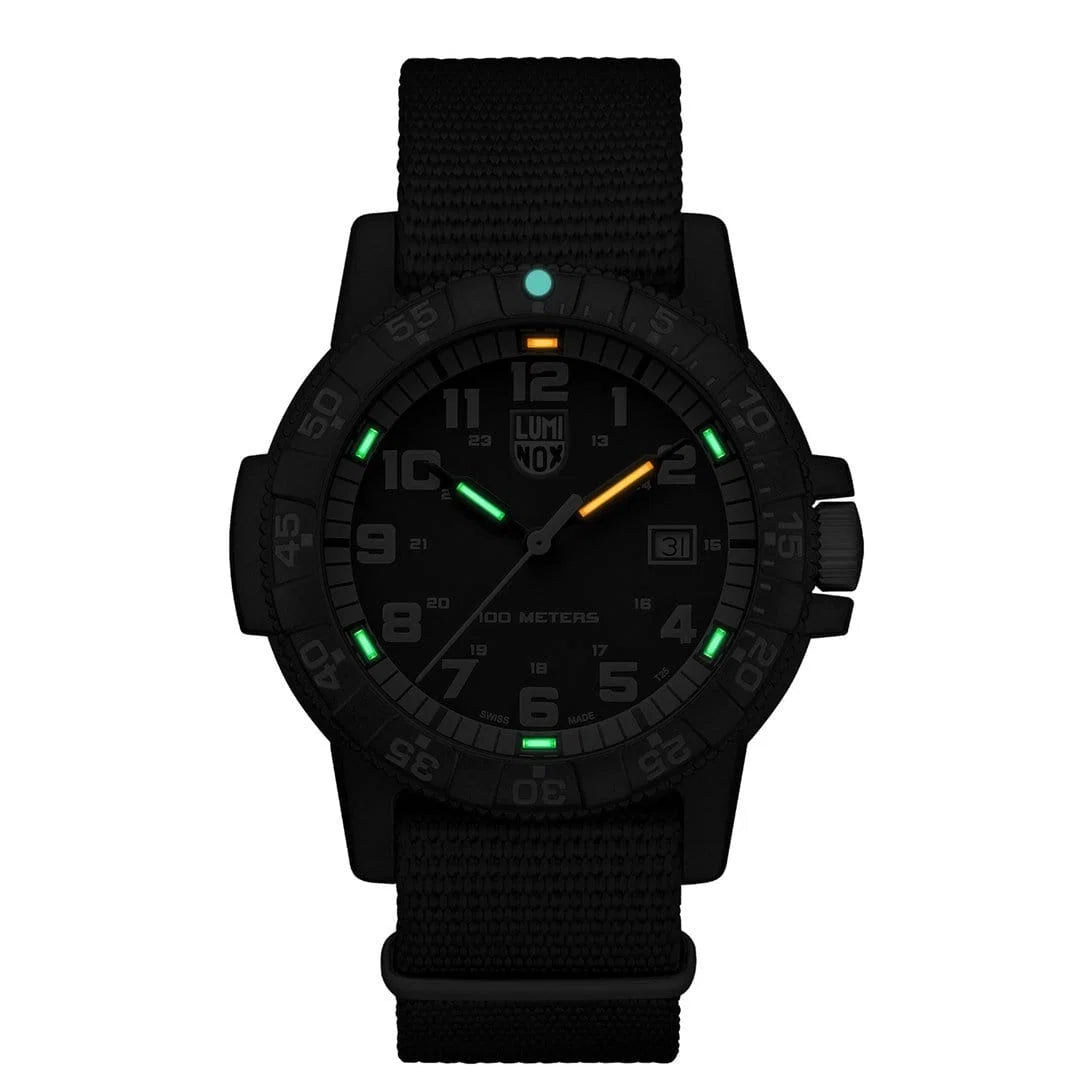 Luminox Leatherback Sea Turtle Giant 44mm black watch with black strap and sand-coloured dial markings.