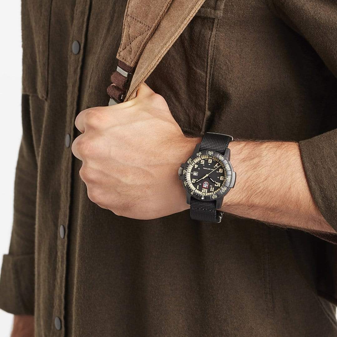 Luminox Leatherback Sea Turtle Giant 44mm black watch with black strap and sand-coloured dial markings.