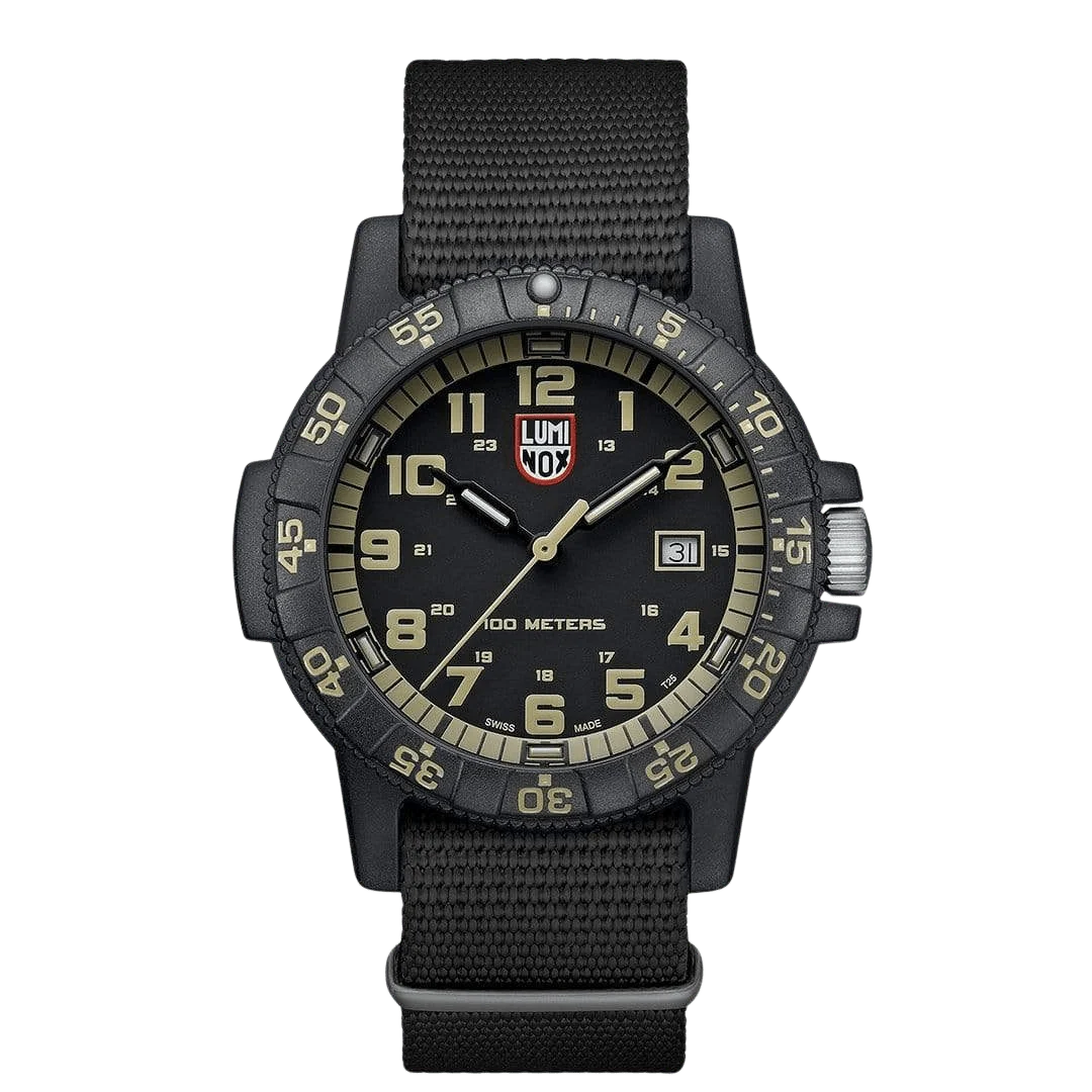 Luminox Leatherback Sea Turtle Giant 44mm black watch with black strap and sand-coloured dial markings.