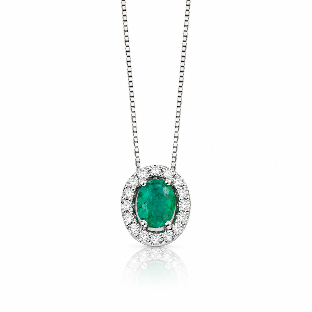 Oval emerald and diamond halo pendant in 9ct white gold with adjustable Venetian box chain