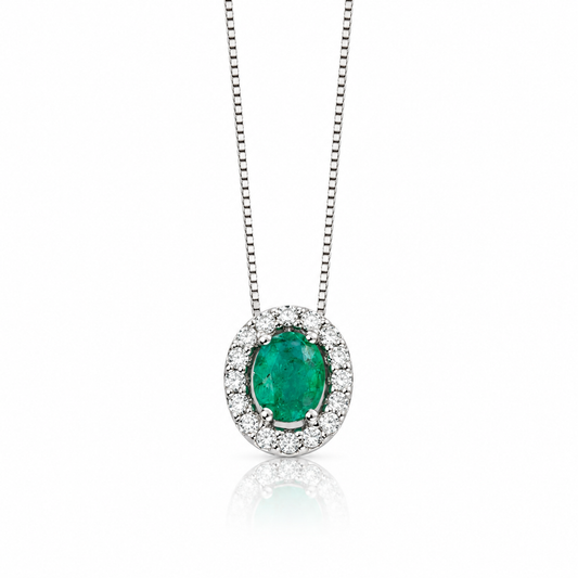 Oval emerald and diamond halo pendant in 9ct white gold with adjustable Venetian box chain