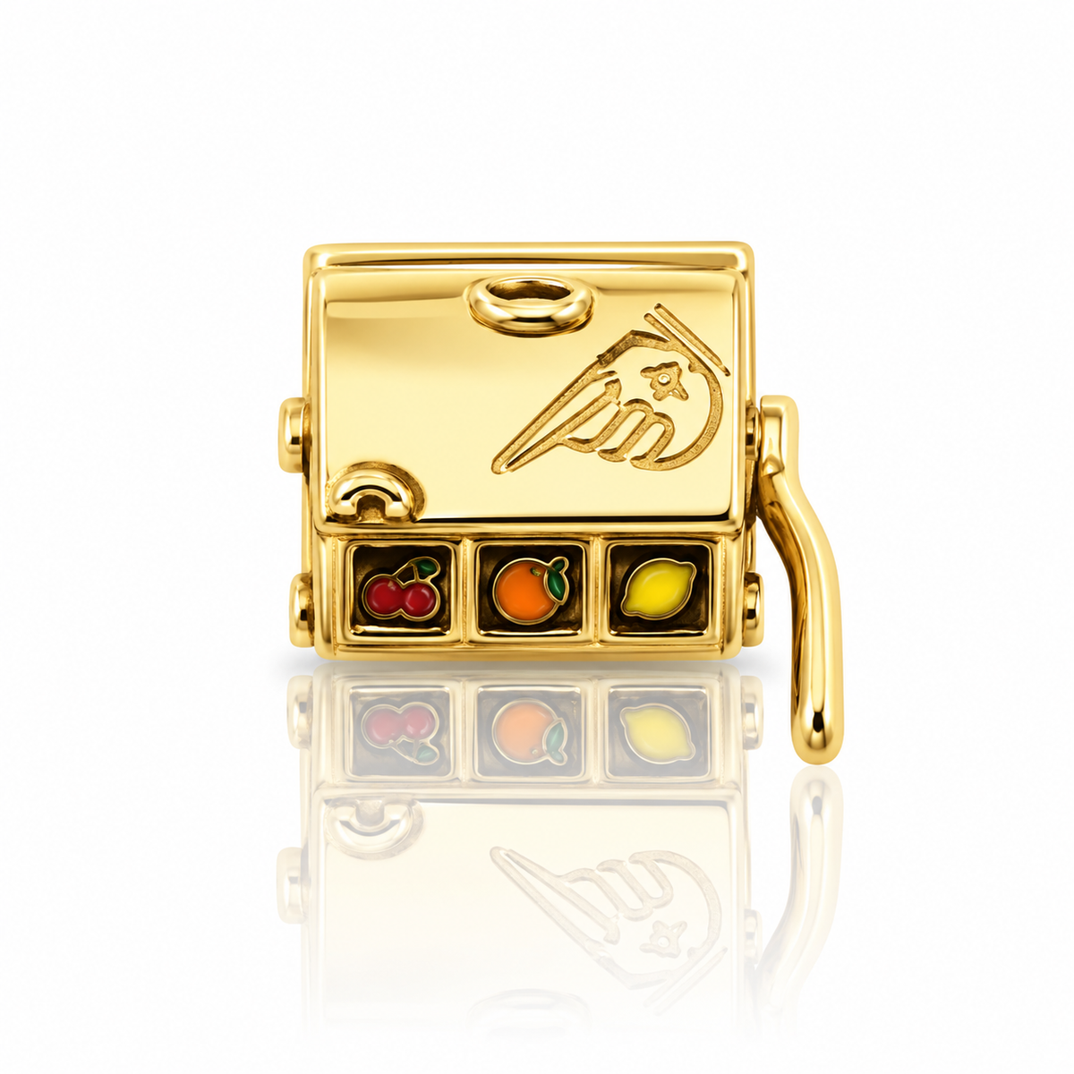 Vintage 9ct yellow gold slot machine charm measuring 14 × 12 mm
