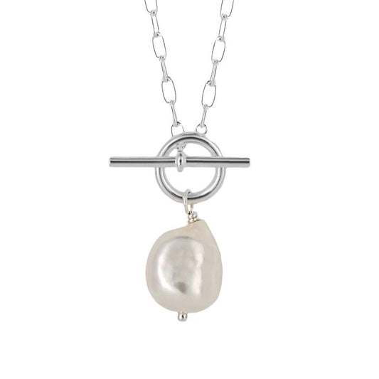 T-Bar Chain Necklace with White Pearl