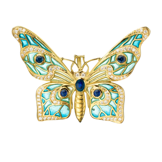 Blue Plique-a-Jour Butterfly Pendant in 18ct Gold - Antique Reproduction