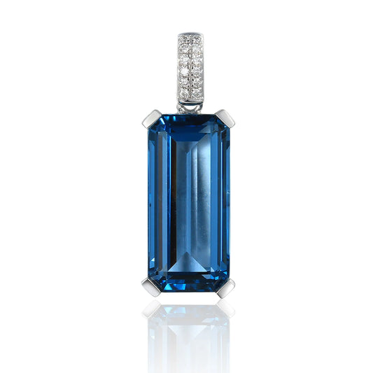 9ct white gold London Blue Topaz pendant with long octagonal gemstone and pavé diamond bail