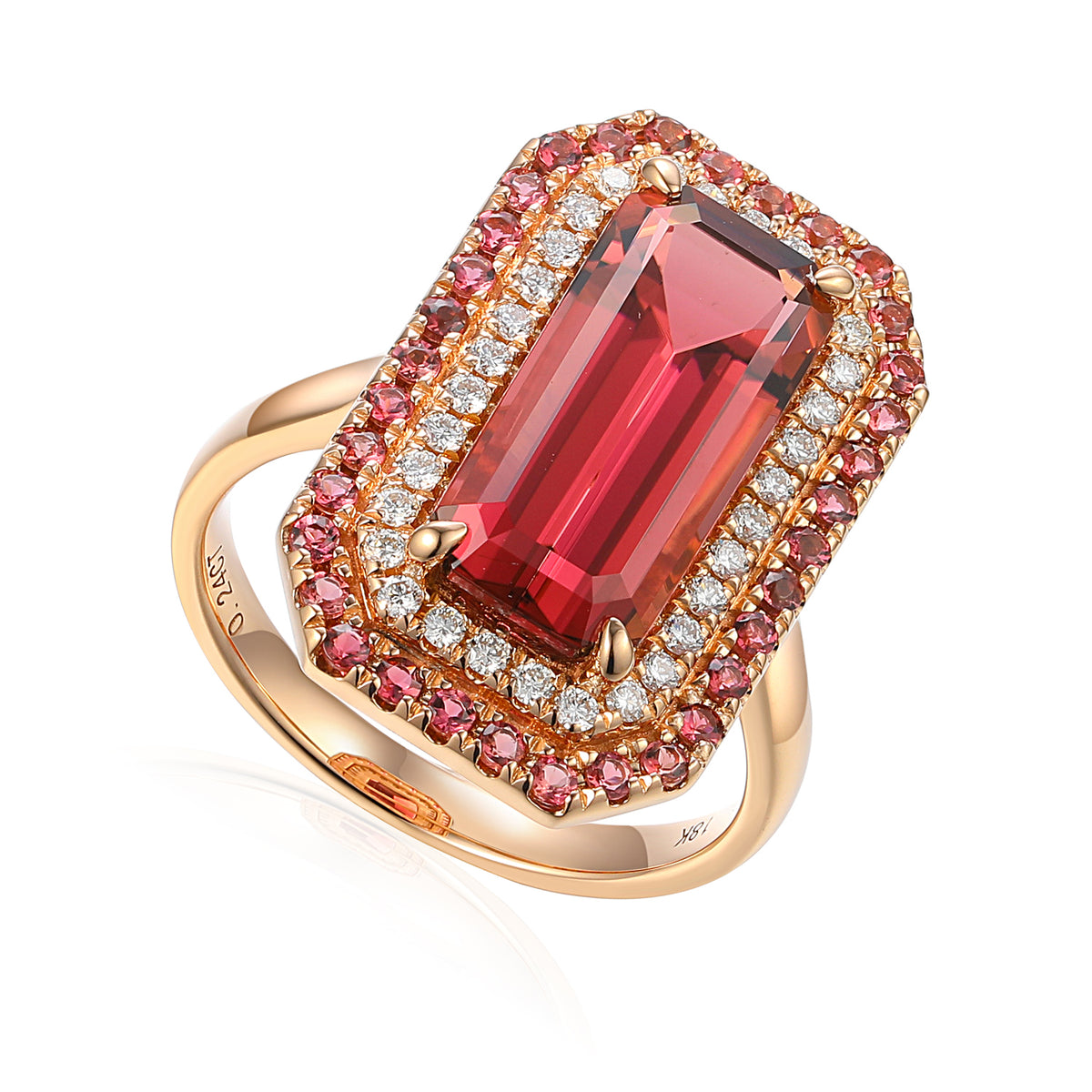 Emerald-cut pink tourmaline halo ring in 18ct rose gold with diamond and pink tourmaline surround