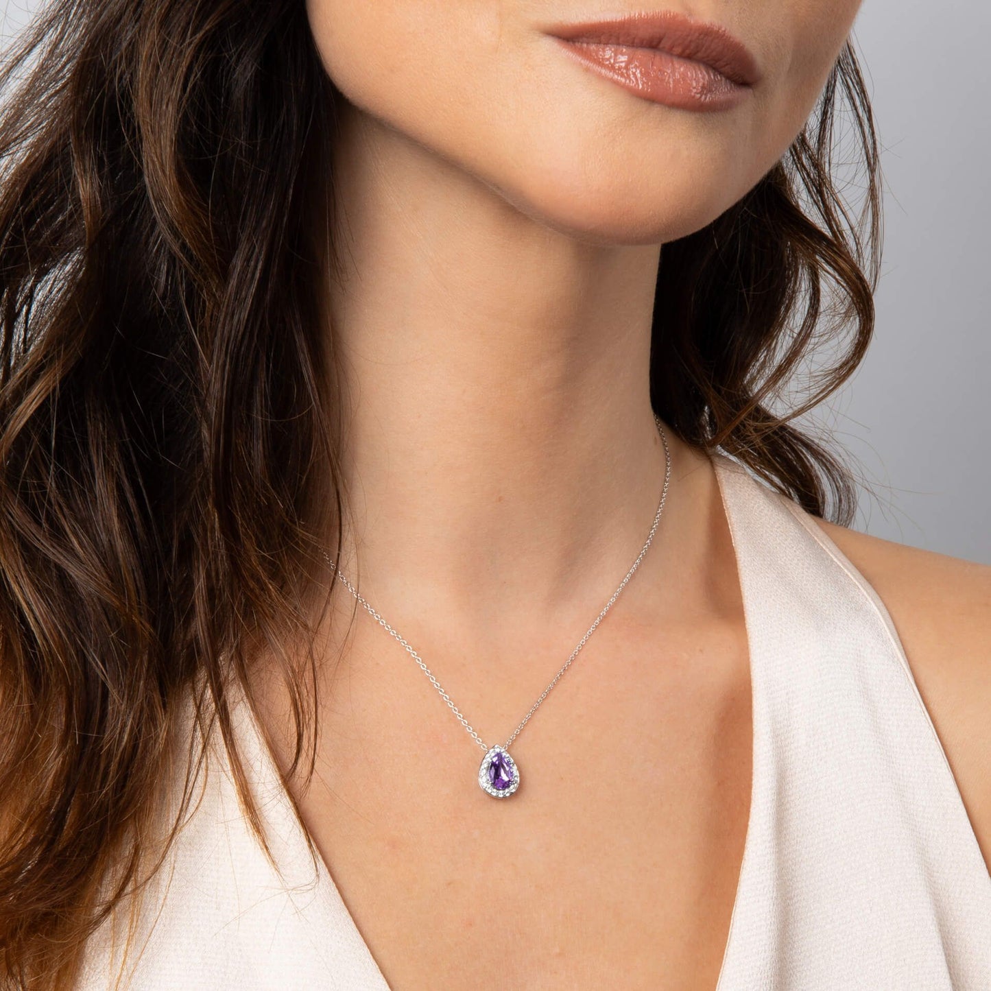 Purple Amethyst Zirconia Halo Teardrop Pendant
