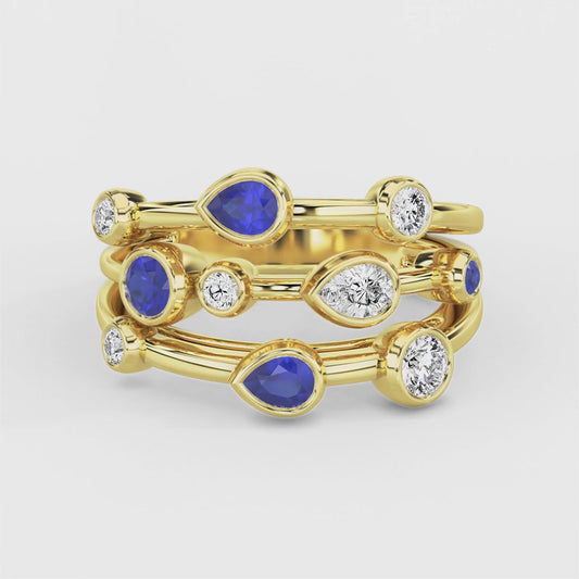 Pear Blue Sapphire in Rubover Setting Ring with Diamond