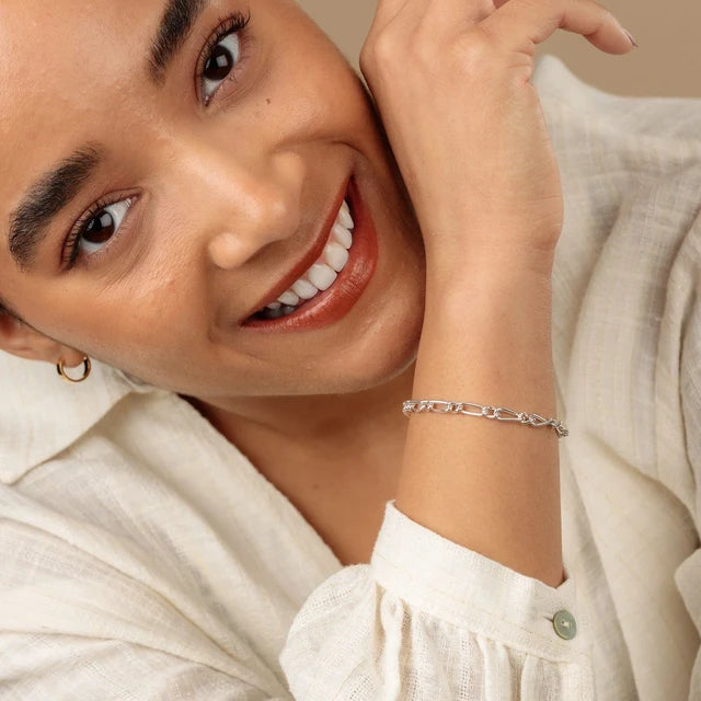 Lily Charmed Silver My Story Charm Collector Bracelet in rhodium-plated recycled sterling silver on a model